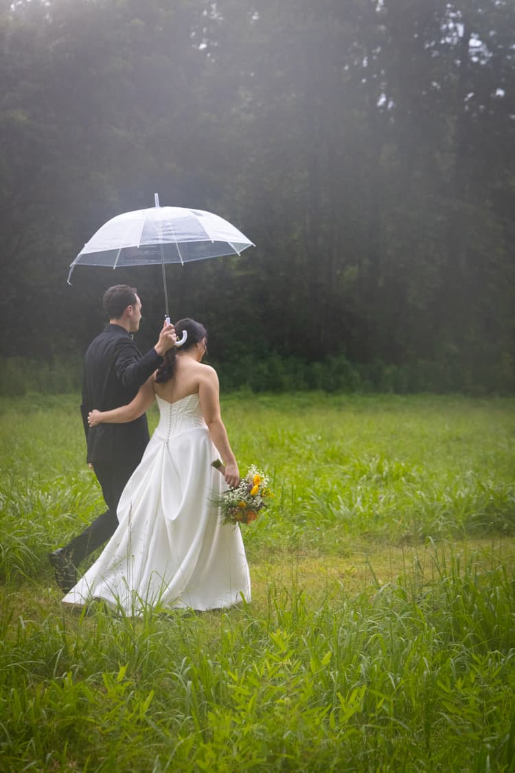 newly weds walking through a grassy meadow